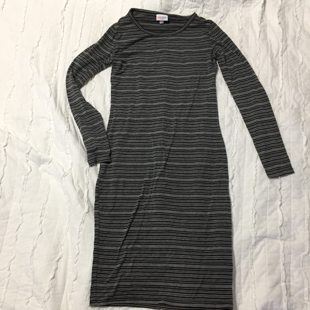 LULAROE “Debbie” Gray and Black Stripes Dress